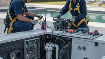 Spa repair technician servicing a Fort Lauderdale, FL spa for fast plumbing repair